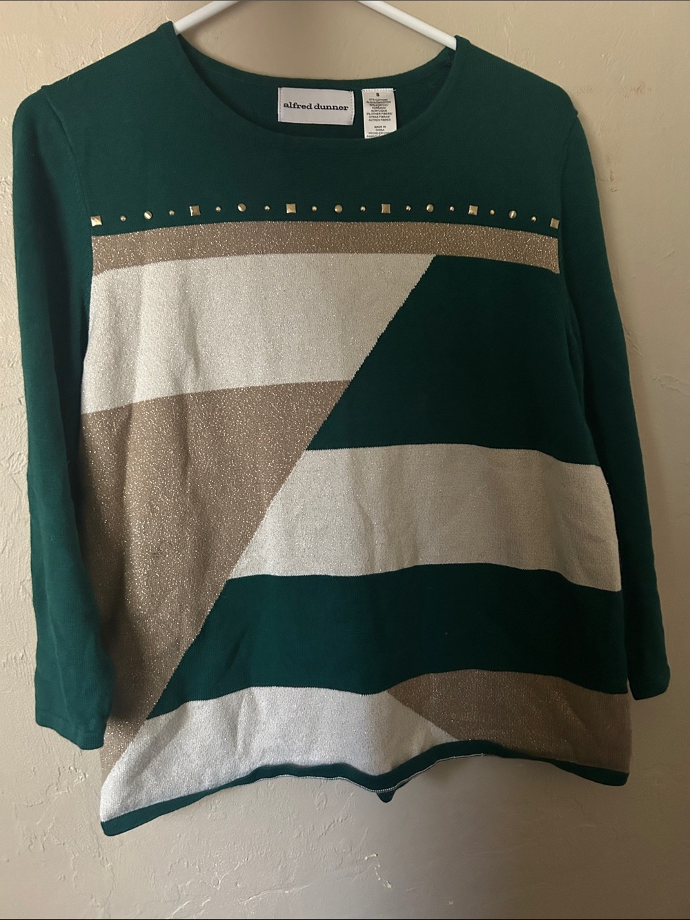 Alfred Dunner Teal, Cream & Gold Geometric Crew Neck Sweater